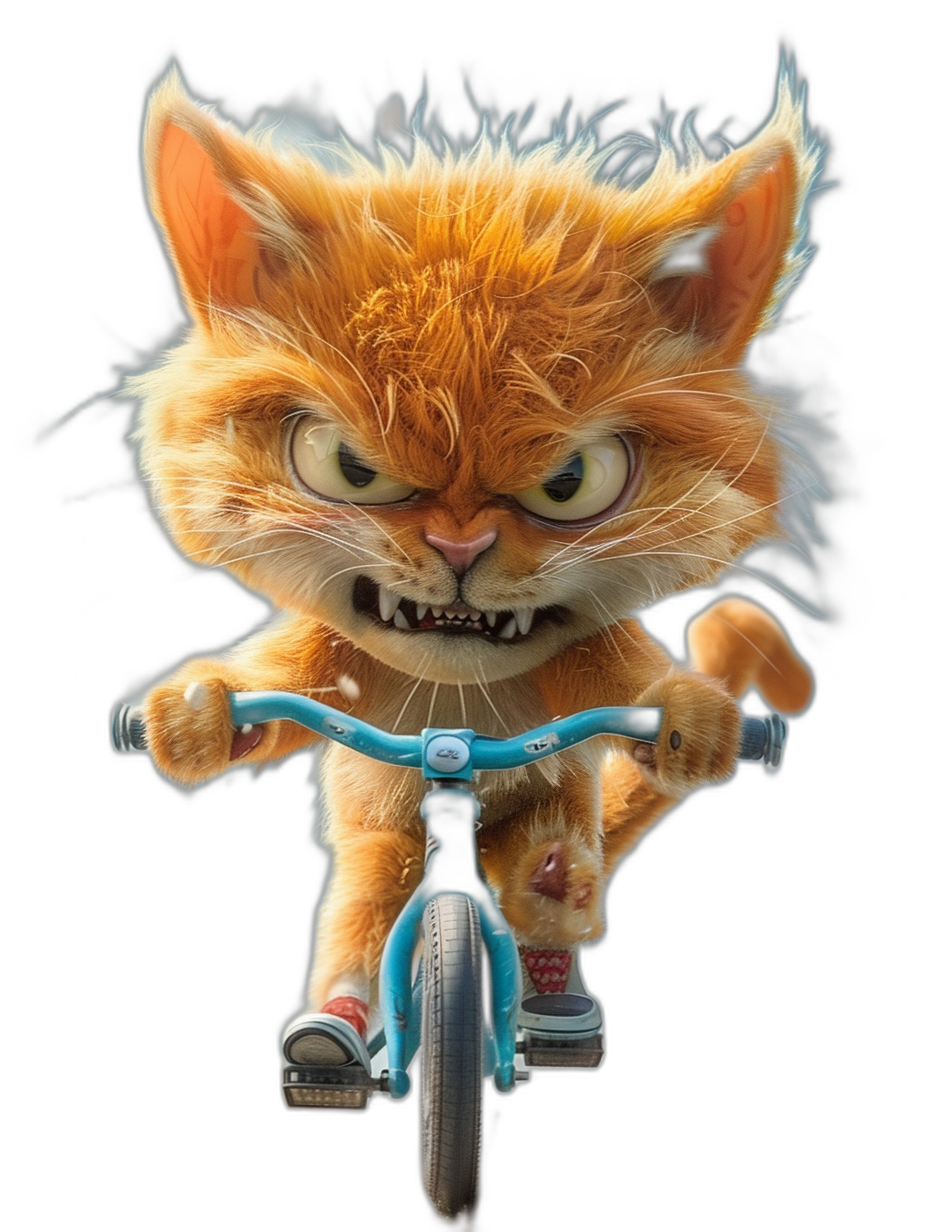 A cute orange cat riding on the front of a bicycle, with an angry expression and teeth showing, wearing blue and white sneakers, with fluffy hair, in a full body shot, in the style of Pixar, on a black background, with high definition photography.