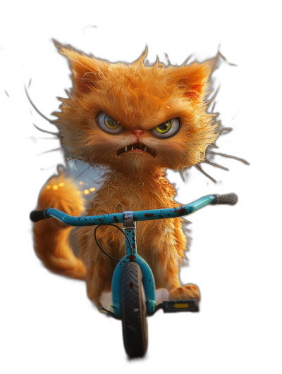 An angry ginger cat riding on a blue bike in the style of a cartoon, against a black background, in a 3D rendered style, in the Pixar style, with high resolution, with detailed fur, in sharp focus, as an illustration, as digital art, with cinematic lighting, rendered in Octane, in high definition.