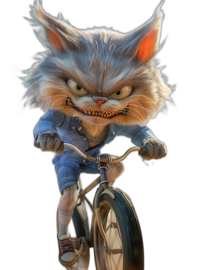 evil smiling cute fat blue fur Cheshire Cat riding bicycle, in the style of [Tiago Hoisel](https://goo.gl/search?artist%20Tiago%20Hoisel), caricature-like, playful caricatures all wearing denim and sneakers on a black background