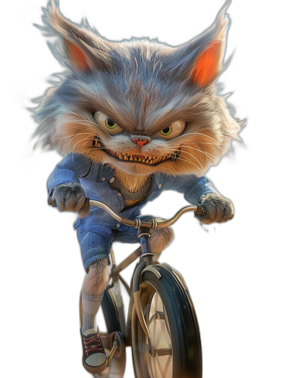 evil smiling cute fat blue fur Cheshire Cat riding bicycle, in the style of [Tiago Hoisel](https://goo.gl/search?artist%20Tiago%20Hoisel), caricature-like, playful caricatures all wearing denim and sneakers on a black background