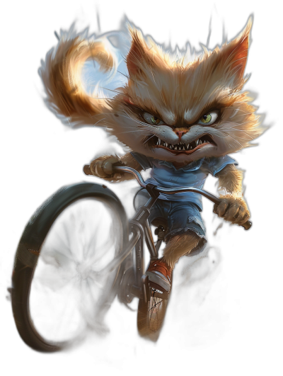 Character design of an angry cat riding a bicycle, black background, digital art in the style of [Artgerm](https://goo.gl/search?artist%20Artgerm) and [Atey Ghailan](https://goo.gl/search?artist%20Atey%20Ghailan), superflat stylized, vibrant colors, fantasy style.