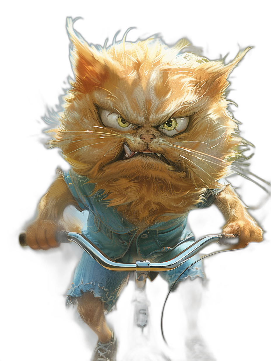 A persian cat with an angry facial expression, wearing a blue shirt and jean shorts on its legs with sneakers. Riding a bicycle in the style of Chris Dunn, [Tim Burton](https://goo.gl/search?artist%20Tim%20Burton), Pixar and [Studio Ghibli](https://goo.gl/search?artist%20Studio%20Ghibli), with a full body and detailed fur against a detailed black background in a hyper realistic style.