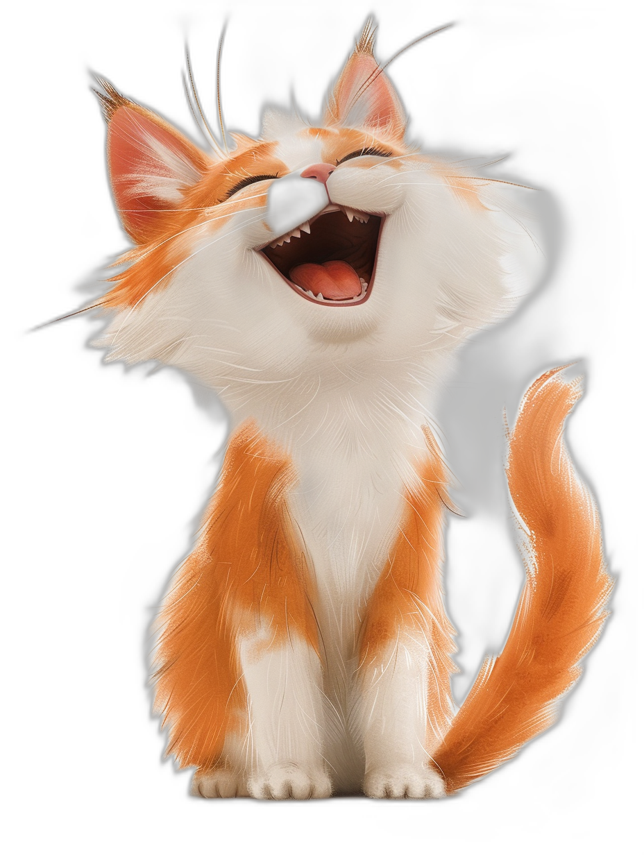 A cute happy orange and white cat in the style of Pixar, black background, digital art in the style of Disney studio, high resolution