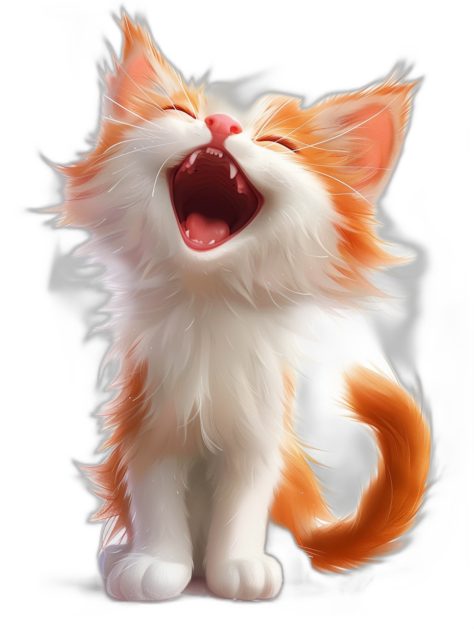 A cute happy orange and white cat howling, in the style of Disney, in the style of Pixar, on a black background, digital art.