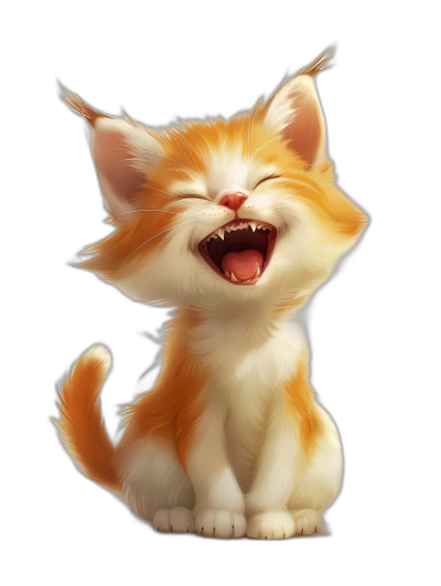 A cute cartoon kitten laughing against a pure black background in the style of digital art.