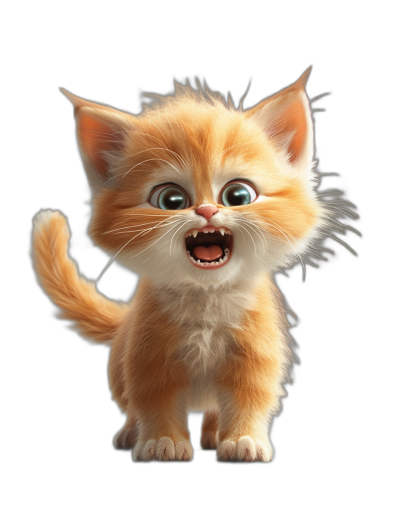 3D cartoon, happy cute kitten screaming isolated on black background in the style of Pixar.