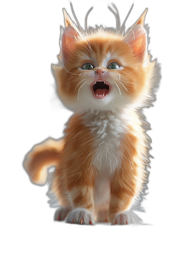 3D render of a cute kitten, isolated on a black background, with very detailed textures, screaming and looking at the camera, in the style of a Chinese artist.