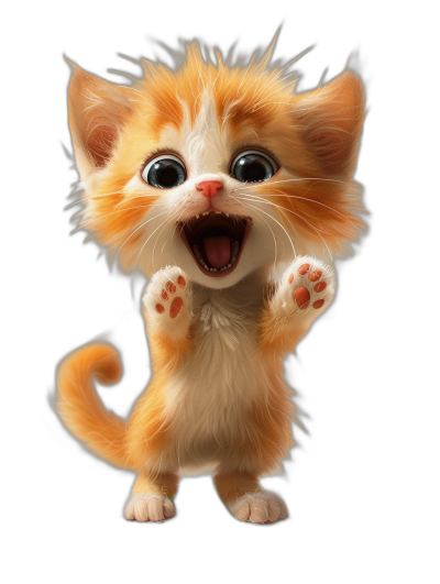 3D render of a happy, smiling cute ginger kitten with full body, big eyes and paws up on a black background, in the style of Pixar.