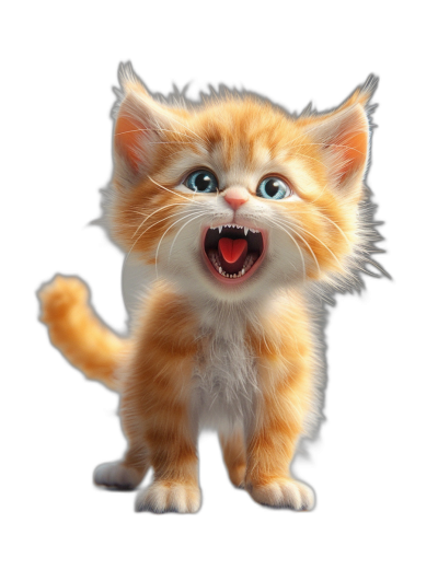 Cute orange and white kitten, happy expression, open mouth wide, black background, in the style of Pixar, 3D rendering, high definition, full body shot, movie lighting effect.