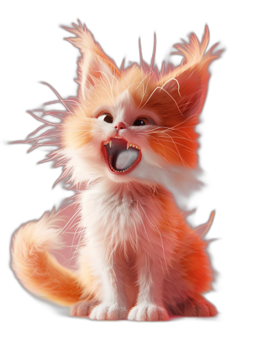 A cute orange and white long-haired kitten is laughing heartily while showing off its teeth. It is depicted in the style of Pixar digital art on a black background. The cat's fur has soft pink highlights, giving it an adorable appearance.