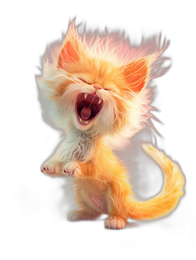 a cute happy furry kitten, pink and orange fur with yellow hair in the wind, open mouth laughing and jumping on black background, hyper realistic photography