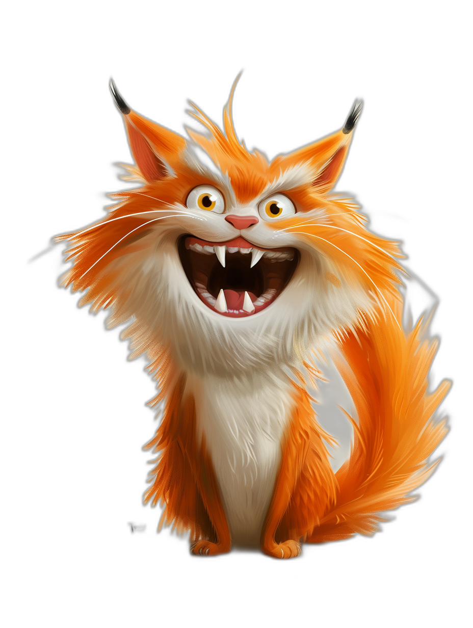 A smiling orange and white fluffy cat with sharp teeth, in the style of Disney style cartoon character on black background, concept art in the style of Pixar studio, digital painting illustration, full body shot, high resolution