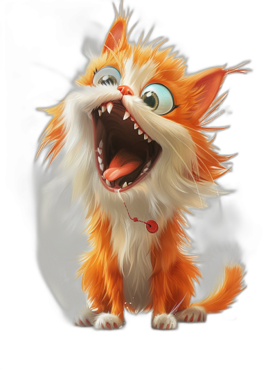 character design of an orange and white cat with long hair, big teeth showing, mouth open in laughter, cute cartoon style, full body shot, on black background, concept art in the style of Pixar studio