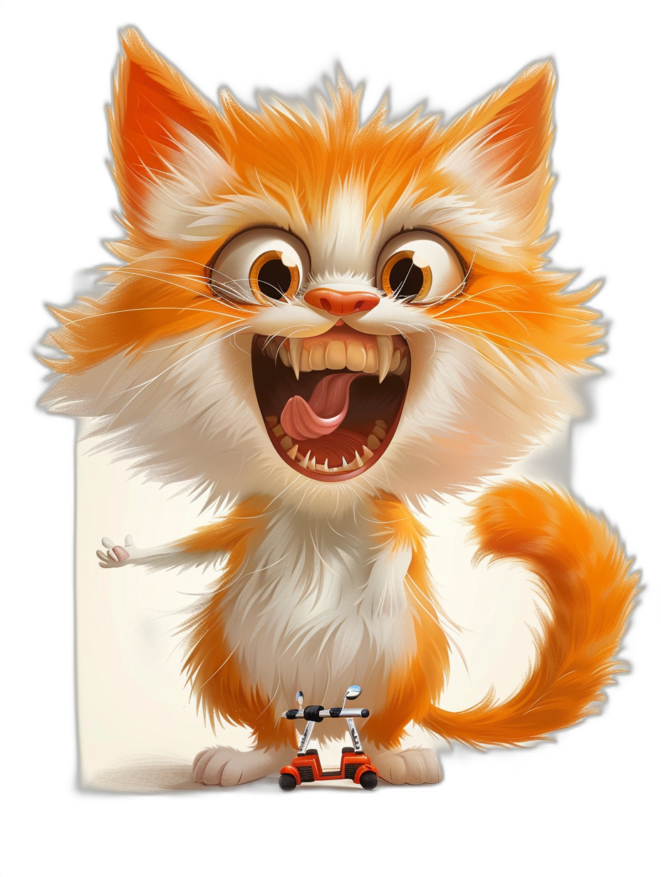 Cartoon character design of an orange and white cat with big eyes laughing at a toy car on a black background, in the style of Pixar, a full body portrait in a cute cartoon animal illustration with a white border frame isolated on a dark background with soft lighting, high detail, high quality, high resolution and high definition.