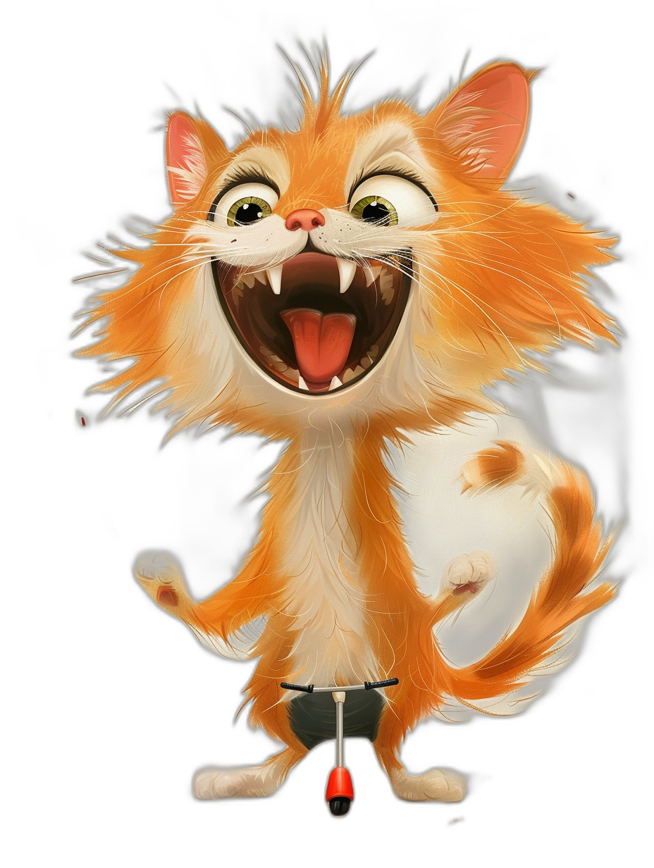 Cartoon orange cat, laughing and riding on two wheels on a black background, in the style of Disney, in the Pixar animation style, full body shot of the character design, with a happy expression and cute cartoon face with big eyes, furry texture, bright colors with high saturation, exaggerated expressions and movements, in .