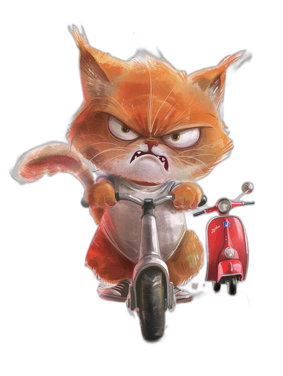 grumpy cat on scooter, cartoon style, isolated in black background, high resolution, high quality