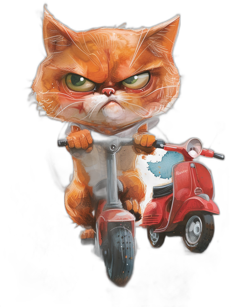 grumpy cat on red vespa, in the style of [Tiago Hoisel](https://goo.gl/search?artist%20Tiago%20Hoisel), caricature-like, playful caricature, black background, vector illustration