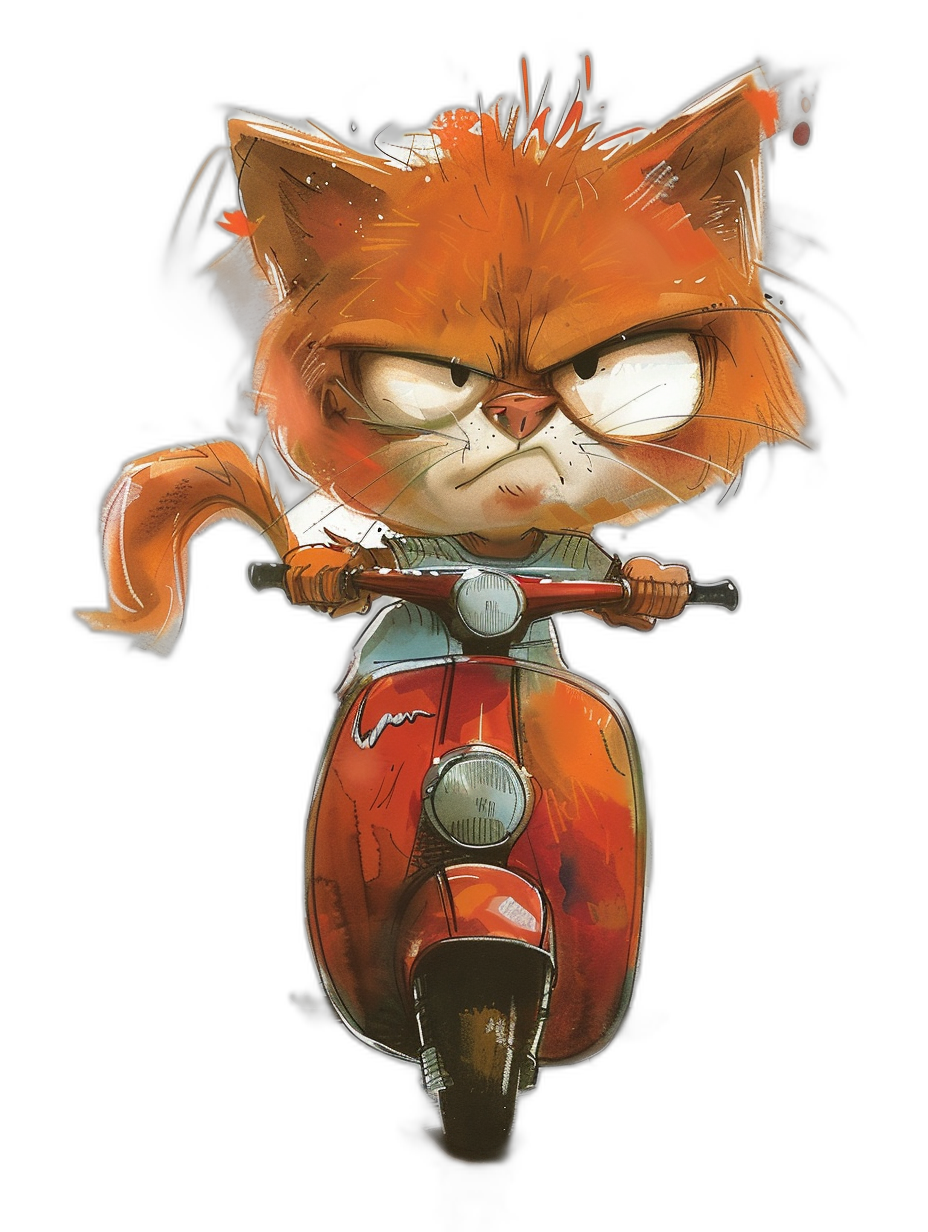 t-shirt design, angry orange cat riding on an italian moped with a black background, full body shot, character concept art in the style of [Ralph Steadman](https://goo.gl/search?artist%20Ralph%20Steadman) and [Bill Gekas](https://goo.gl/search?artist%20Bill%20Gekas), cute, simple drawing, vector illustration, digital painting, white border