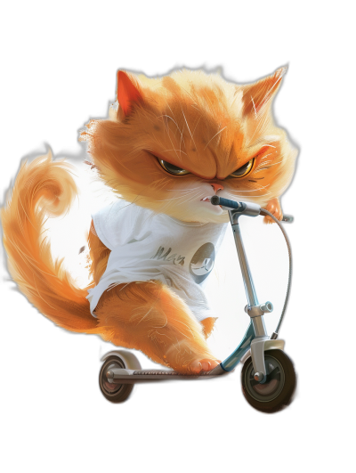 realistic cute orange cat wearing a white t-shirt, riding a scooter with an angry face, on a black background, vector illustration, digital art in the style of Pixar with "J" on the shirt