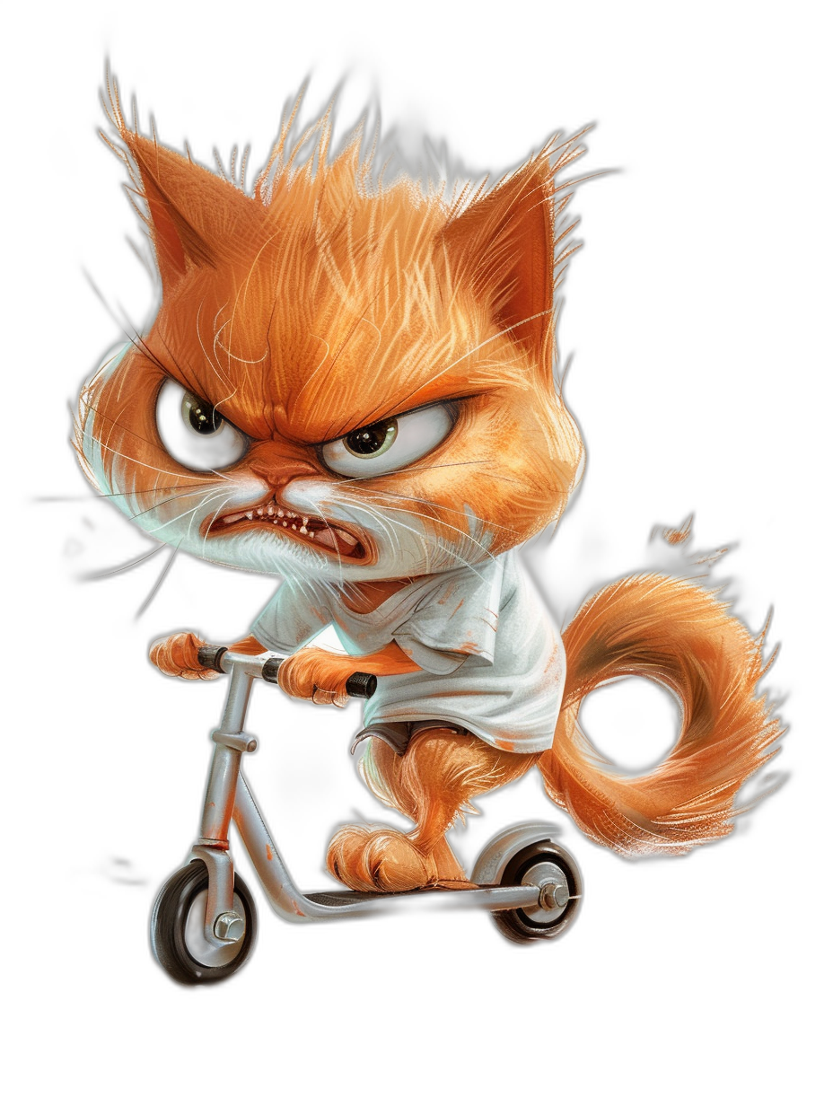 Character design of an angry orange cat riding a scooter, wearing a white t-shirt, detailed illustration in the style of [Tiago Hoisel](https://goo.gl/search?artist%20Tiago%20Hoisel) and caricature-like realism.