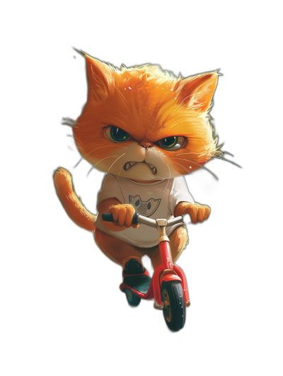 character design, cute red cat with orange fur wearing a white t-shirt and blue shoes riding a scooter, angry face, black background, in the style of [Goro Fujita](https://goo.gl/search?artist%20Goro%20Fujita) and [Yoji Shinkawa](https://goo.gl/search?artist%20Yoji%20Shinkawa)