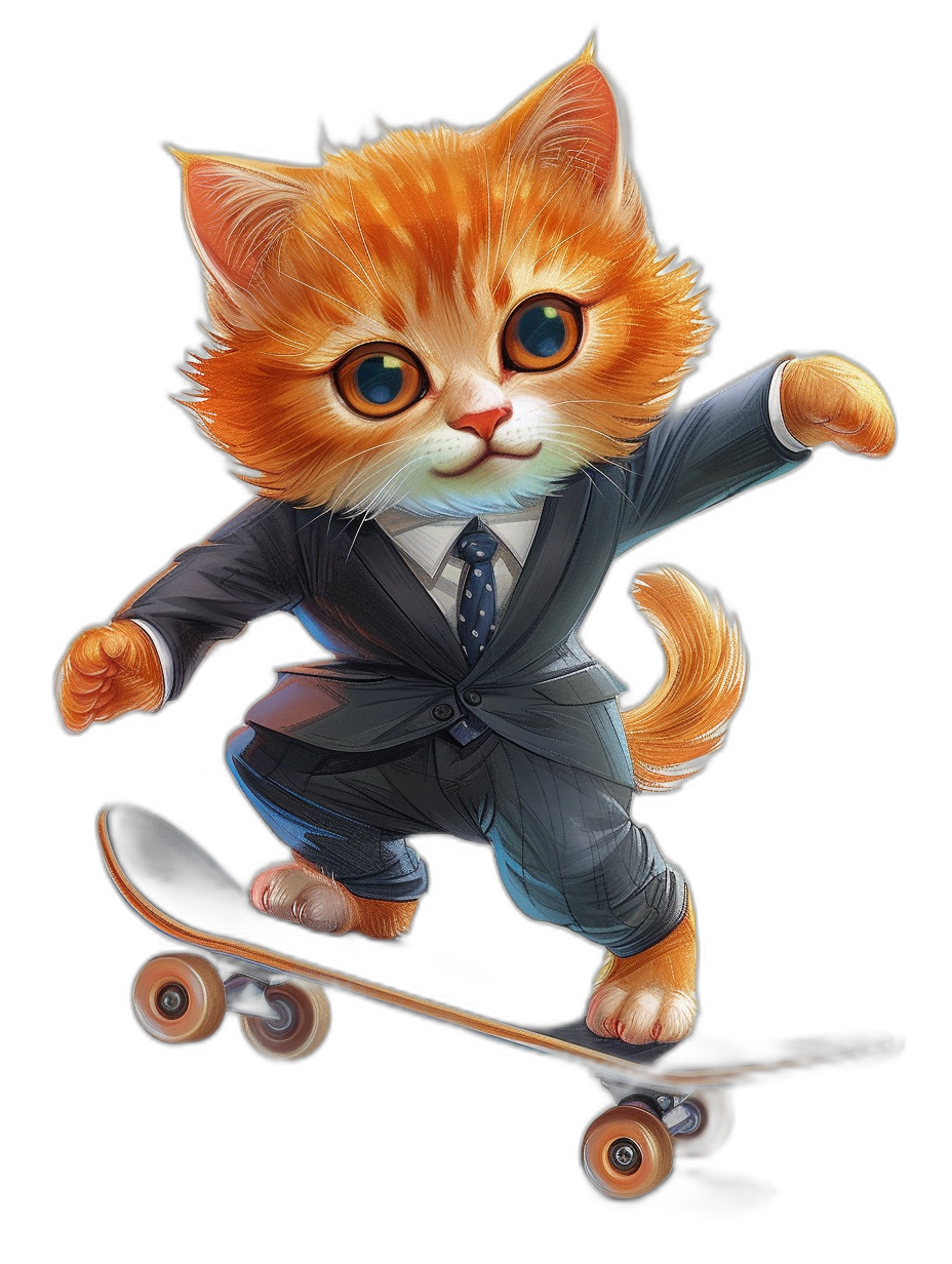 digital art of cute kitten , wear suit and tie, skating on skateboard black background