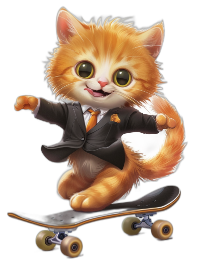 A cute ginger cat in a suit riding on a skateboard, with big eyes and a happy expression, on a black background, in the style of cartoon art, like 2D game art, at a high resolution, as a full body portrait.