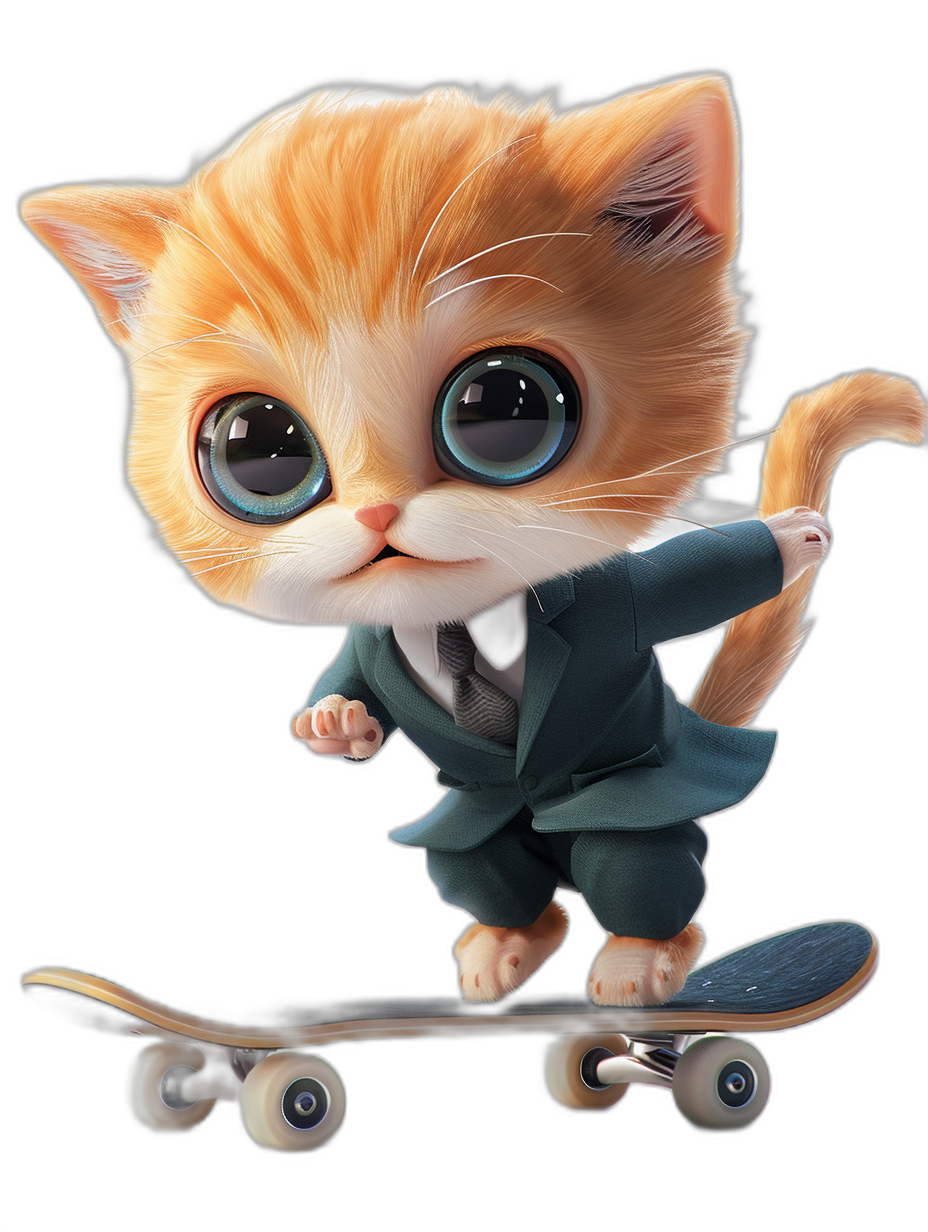 3D smooth caricature styled full length avatar of a cute cat with big eyes riding a skateboard on a plain black background, in the style of Pixar and Disney inspired character design. The colors should be vibrant and the character’s expressions must convey a happy vibe. The background is a plain color.