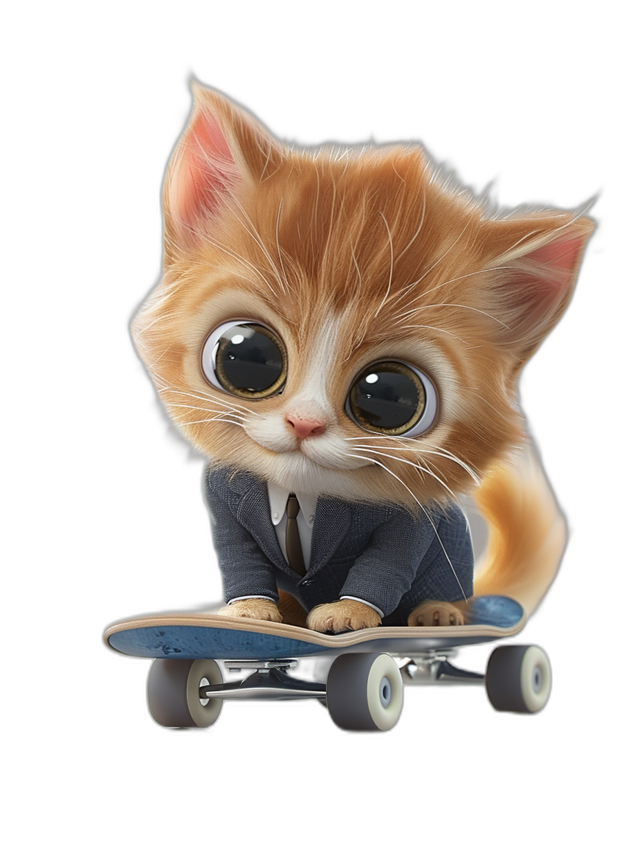 Cute cartoon cat, big eyes, wearing a suit and riding a skateboard, black background, high definition photography, in the style of Pixar.