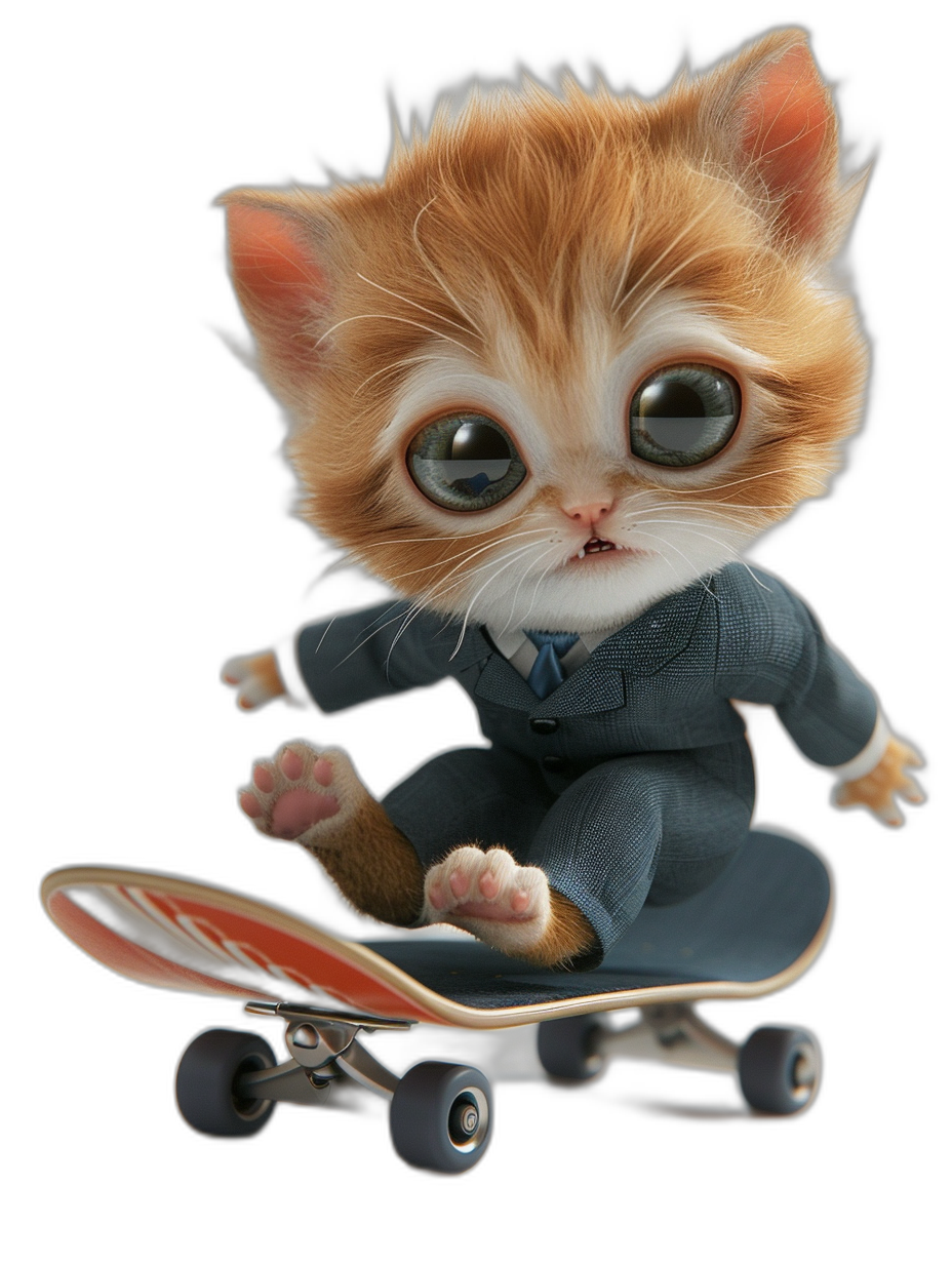 a cute ginger cat in suit riding on skateboard, big eyes, black background, pixar style, high resolution