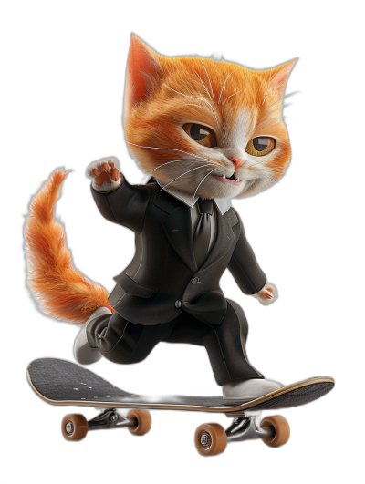 A ginger cat in a suit, riding on a skateboard, vector illustration in the style of black background, high resolution, professional photograph, very detailed