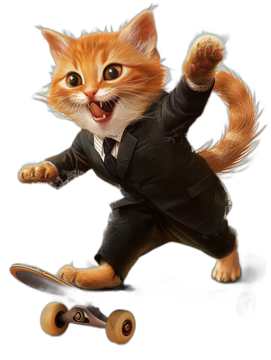 A happy smiling very cute ginger cat in a black suit, riding on a skateboard in the style of [Tiago Hoisel](https://goo.gl/search?artist%20Tiago%20Hoisel), in a caricature-like and playful style, hyperrealistic, high resolution, full body shot, isolated in white with strong shadows of the dark background.