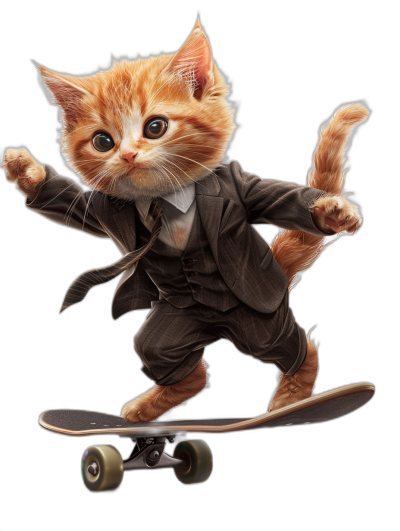 Cute cartoon cat in suit riding on skateboard, isolated black background, high resolution photo realistic