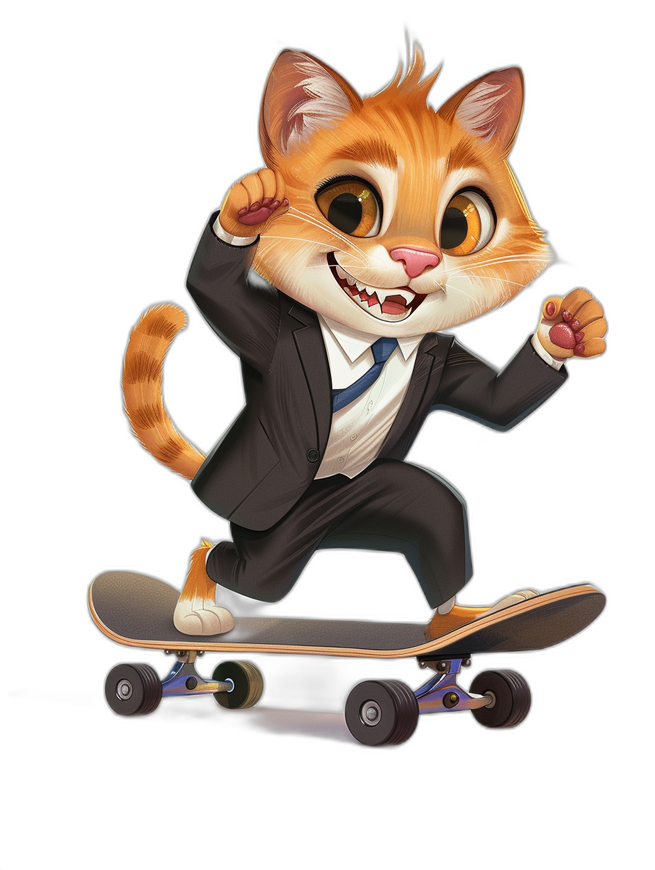 A cute smiling ginger cat in a suit and tie riding on a skateboard, in the style of cartoon, vector design, detailed character illustrations, black background, cute digital art, Pixar-inspired characters.