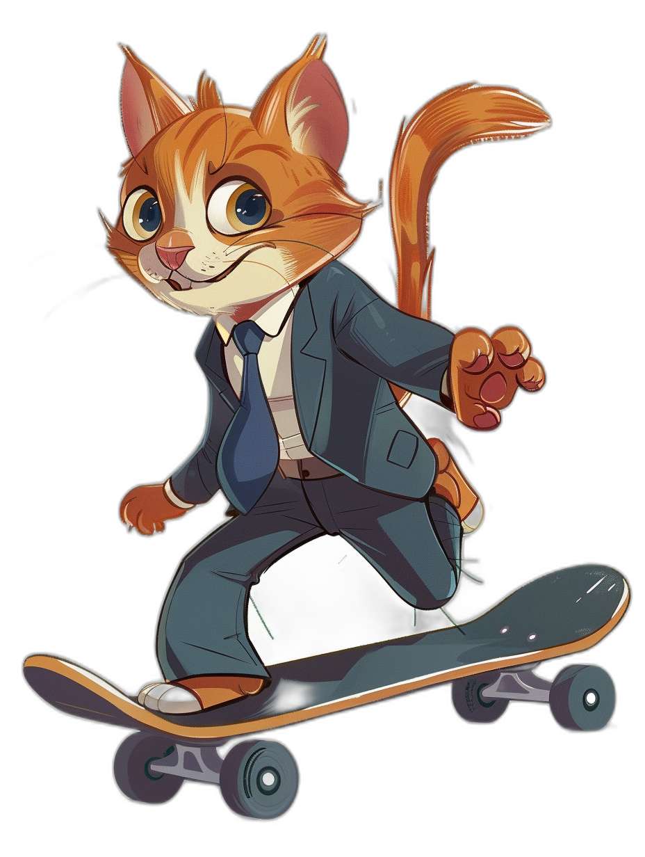 vector drawing of an orange cat in a business suit riding on a skateboard, black background, cartoon style, in the style of Disney Pixar animation, cute, big eyes, smile, artstation trending