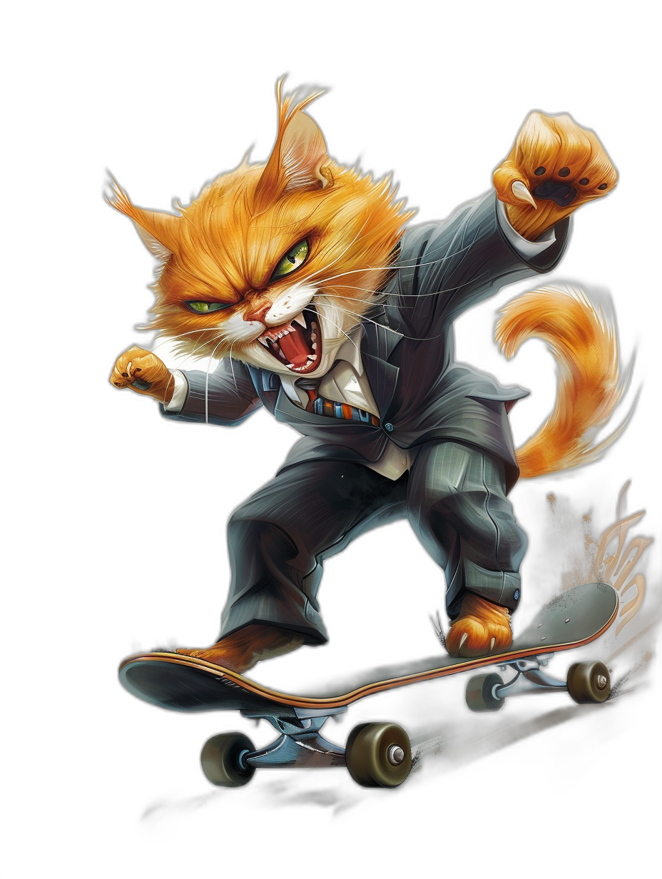 realistic digital illustration of an angry ginger cat in suit, riding on skateboard, black background, full body view, character design, concept art for mobile game