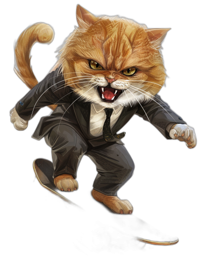 a realistic digital illustration of an angry ginger cat in suit, riding on skateboard , black background, full body portrait view, dynamic pose, detailed character design, cartoon mis-en-scene, oshare kei, white and amber, smilecore, captivating realism