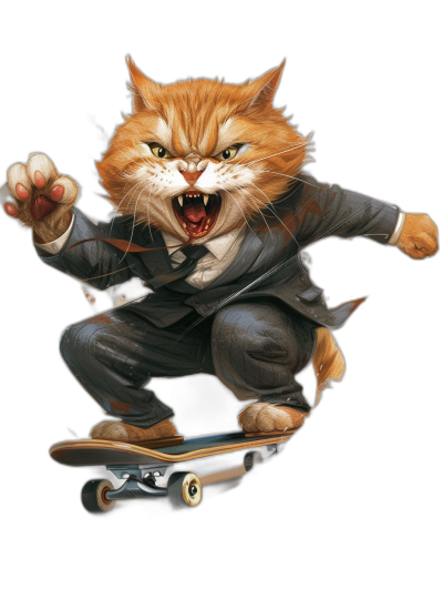 front view of an angry ginger cat in a suit riding on a skateboard, detailed illustration in the style of [Alex Ross](https://goo.gl/search?artist%20Alex%20Ross) and in the style of [Boris Vallejo](https://goo.gl/search?artist%20Boris%20Vallejo), full body shot, black background, t-shirt design