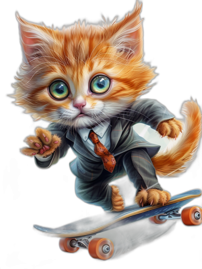 digital art of a cute kitten, wearing a suit and tie, skating on a skateboard with a black background, with big eyes