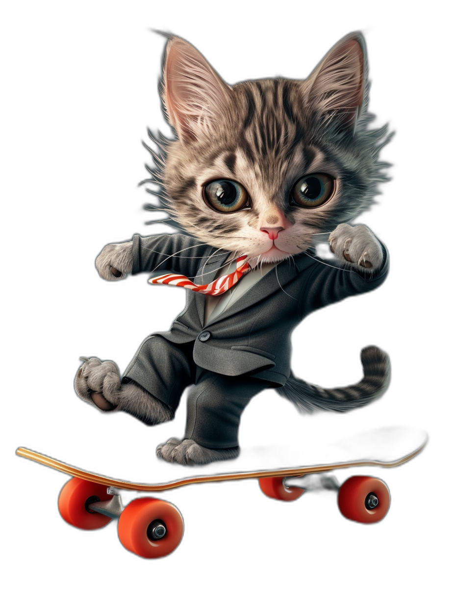 t-shirt design, cute cat in suit riding on a skateboard, black background, detailed, with shadows and highlights in the style of the artist.