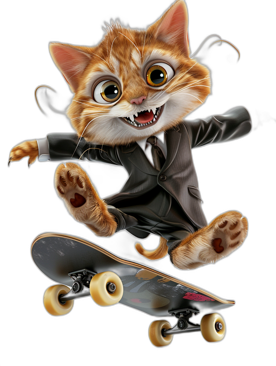 A happy smiling realistic cat in suit doing skateboard studdies, cartoon style vector illustration on black background