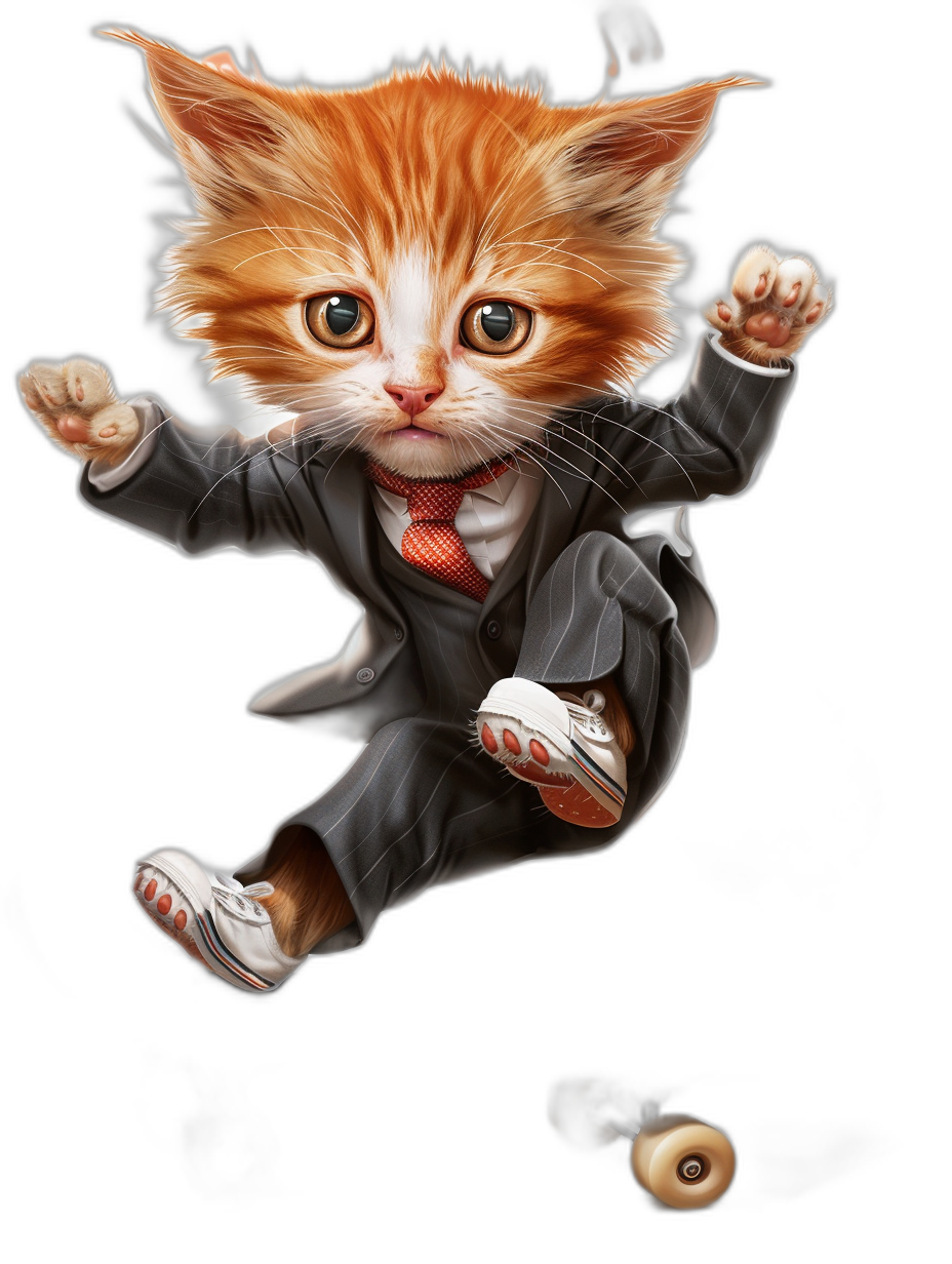 digital art of a cute kitten wearing a suit and tie. Flying in the air with a skateboard against a black background, playful character designs in the style of realistic style, fluffy hair, red head, blue eyes.