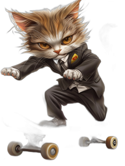 realistic digital illustration of an angry cat in business suit, riding on longboard skateboard, black background, by stick figure cat, full body shot, zoomed out, by [Lilia Alvarado](https://goo.gl/search?artist%20Lilia%20Alvarado), [Jasmine Becket-Griffith](https://goo.gl/search?artist%20Jasmine%20Becket-Griffith)