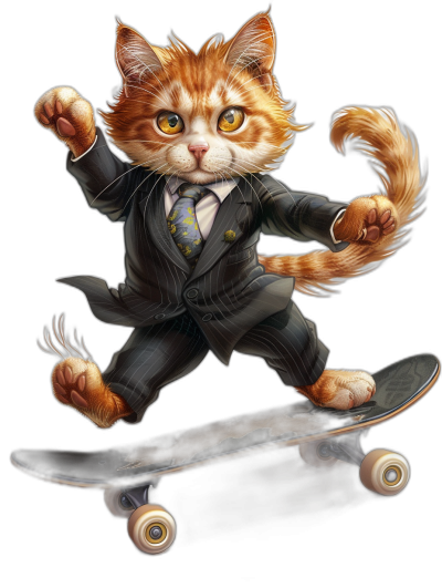 digital art of cool and cute cat in suit , riding on skateboard, black background, portrait view