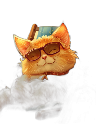 digital art of a cute and fat orange cat wearing sunglasses, the kitten is sitting on top of an empty chair against a black background, a digital painting in the style of Disney.