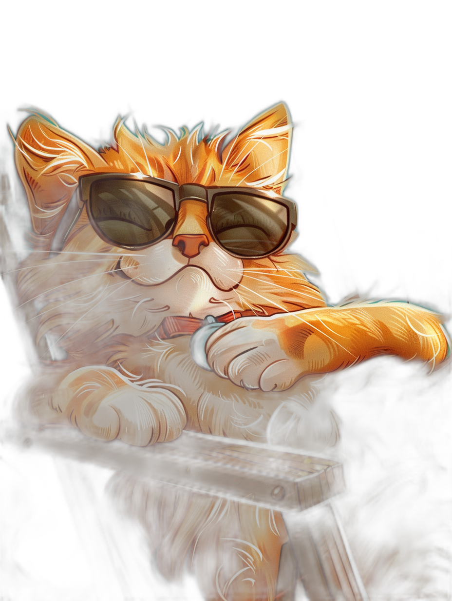 digital art of a cute and fat orange cat, wearing sunglasses, sitting on a chair with a black background, with a chill happy expression, in the style of Pixar, a digital painting, with natural lighting, rim light, a full body portrait, with red fur