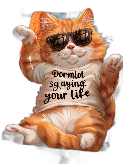 digital art of a cool fat orange cat, wearing sunglasses and a t-shirt with text "Dormuhllini is your life", hand up, happy expression, black background, playful character design, the artist has used bright bold colors to create an atmosphere full of energy, white paws extended forward in the style of the artist.