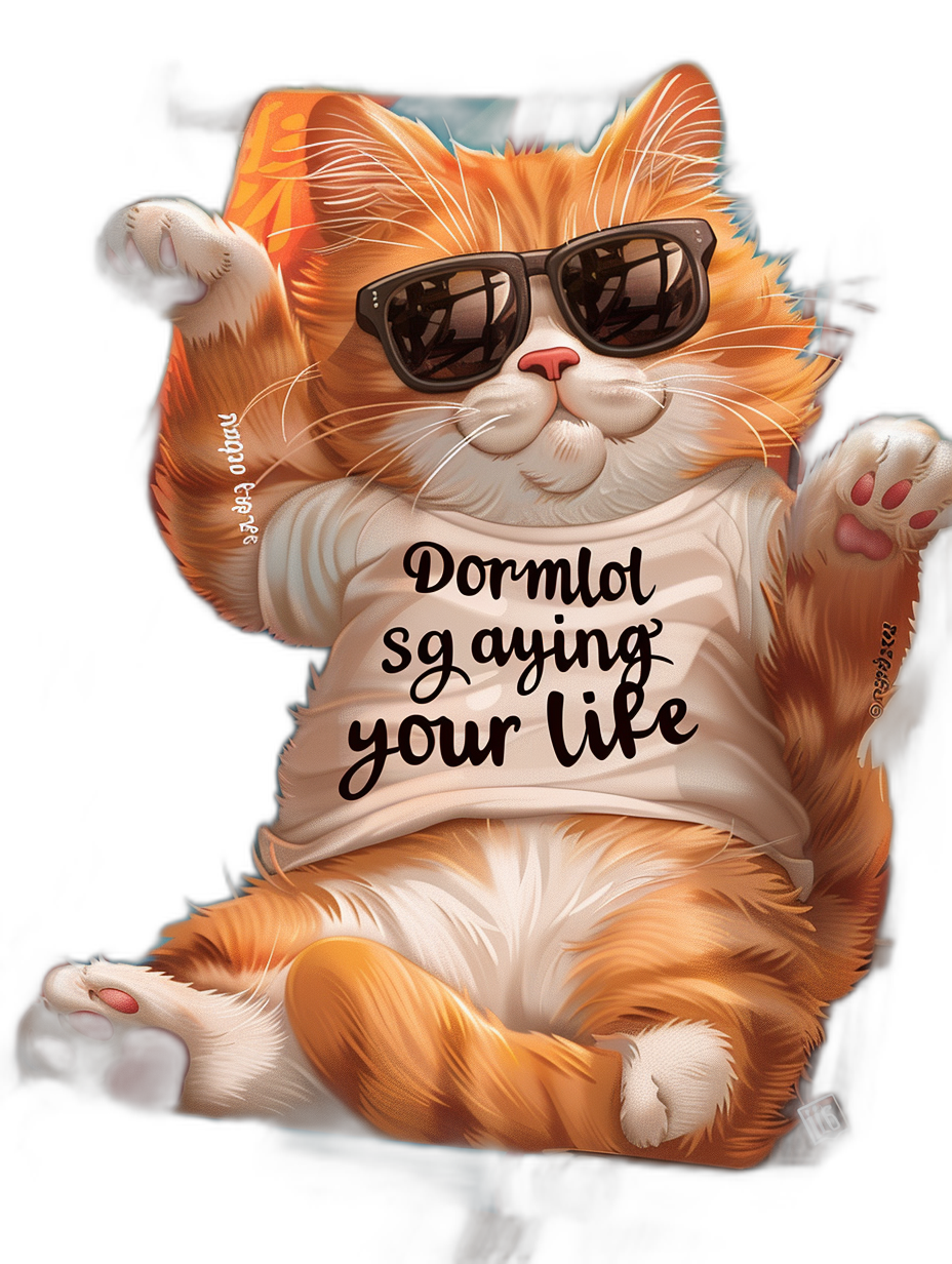 digital art of a cool fat orange cat, wearing sunglasses and a t-shirt with text “Dormuhllini is your life”, hand up, happy expression, black background, playful character design, the artist has used bright bold colors to create an atmosphere full of energy, white paws extended forward in the style of the artist.