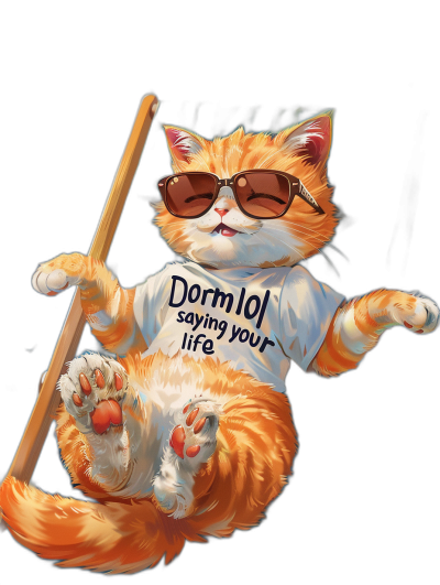 a realistic illustration of an orange cat wearing sunglasses and white t-shirt with "DtoIntL saying your life" written on it, sitting in the air holding wooden stick doing pole dance, black background, isolated design