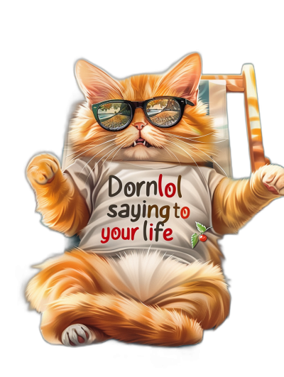 digital art of fat orange cat wearing sunglass, holding t-shirt with text "Dornsource saying to your life", black background , cute and funny